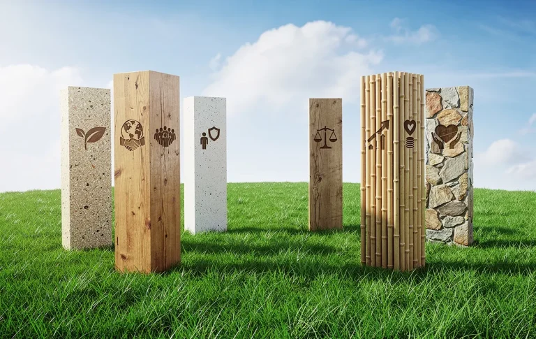 Sept piliers conçus en matériaux durables forment un cercle sur une pelouse verdoyante, chacun gravé d’une icône liée à la RSE sous un ciel bleu.