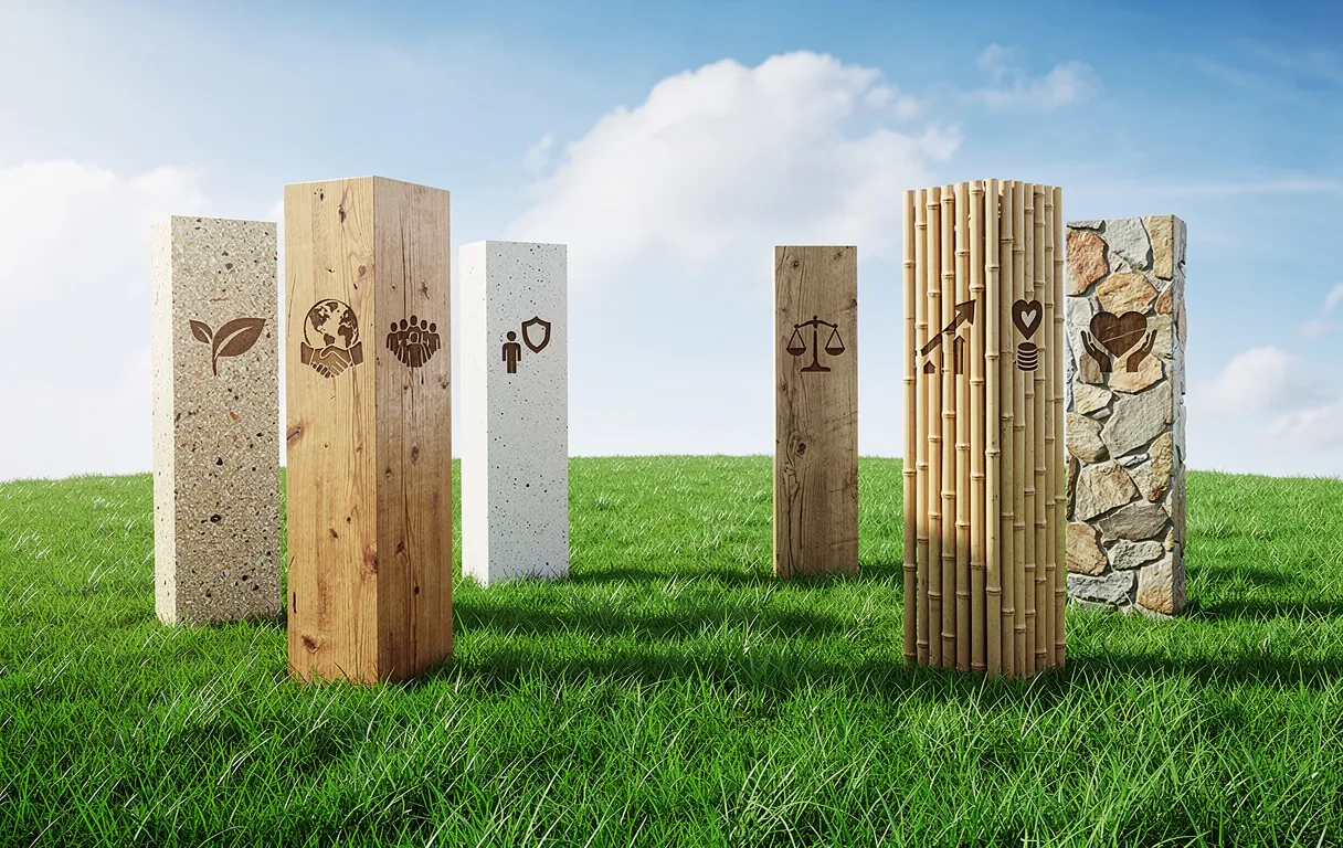 Sept piliers conçus en matériaux durables forment un cercle sur une pelouse verdoyante, chacun gravé d’une icône liée à la RSE sous un ciel bleu.