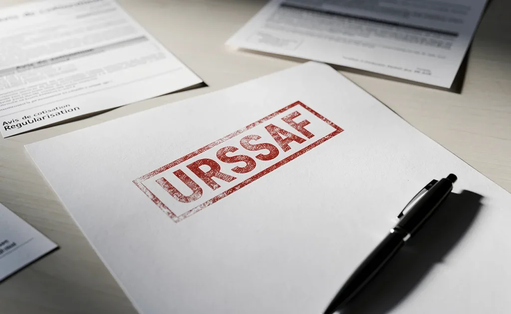 Une lettre formelle portant le tampon rouge URSSAF est posée sur un bureau minimaliste avec des documents juridiques épars et un stylo.