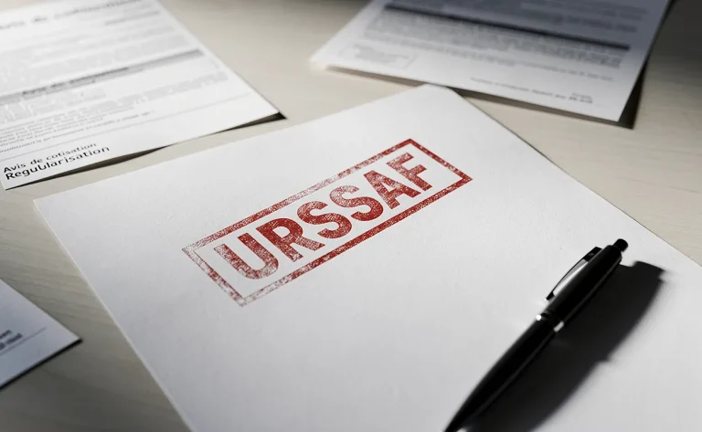 Une lettre formelle portant le tampon rouge URSSAF est posée sur un bureau minimaliste avec des documents juridiques épars et un stylo.