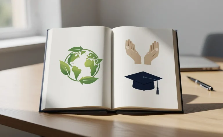 Un livre ouvert sur un bureau présente des icônes de durabilité, de mains éthiques et de diplôme sous une lumière douce provenant d’une fenêtre.