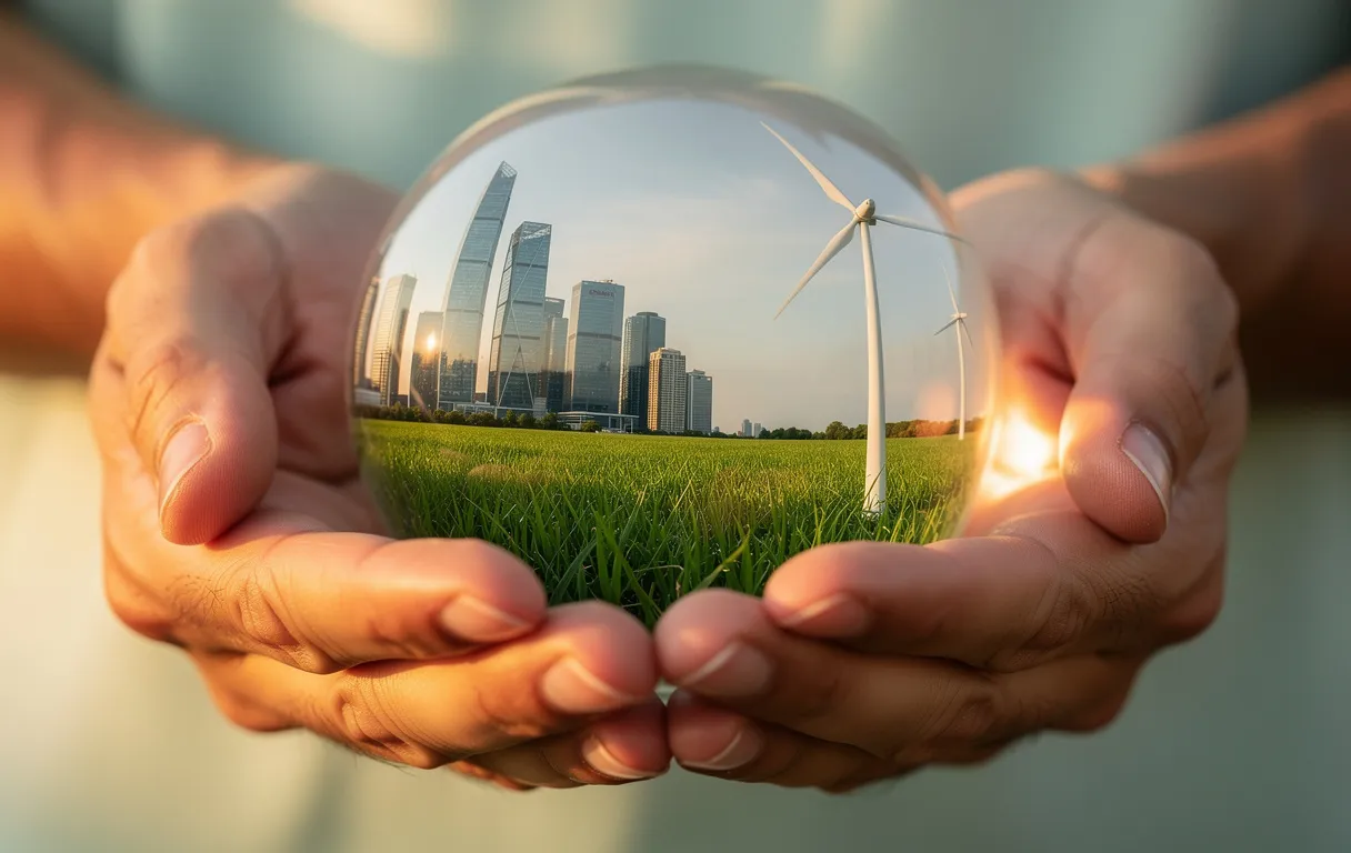 Un globe en verre posé dans des mains reflète une ville, un champ verdoyant et une éolienne sous une lumière douce du matin.