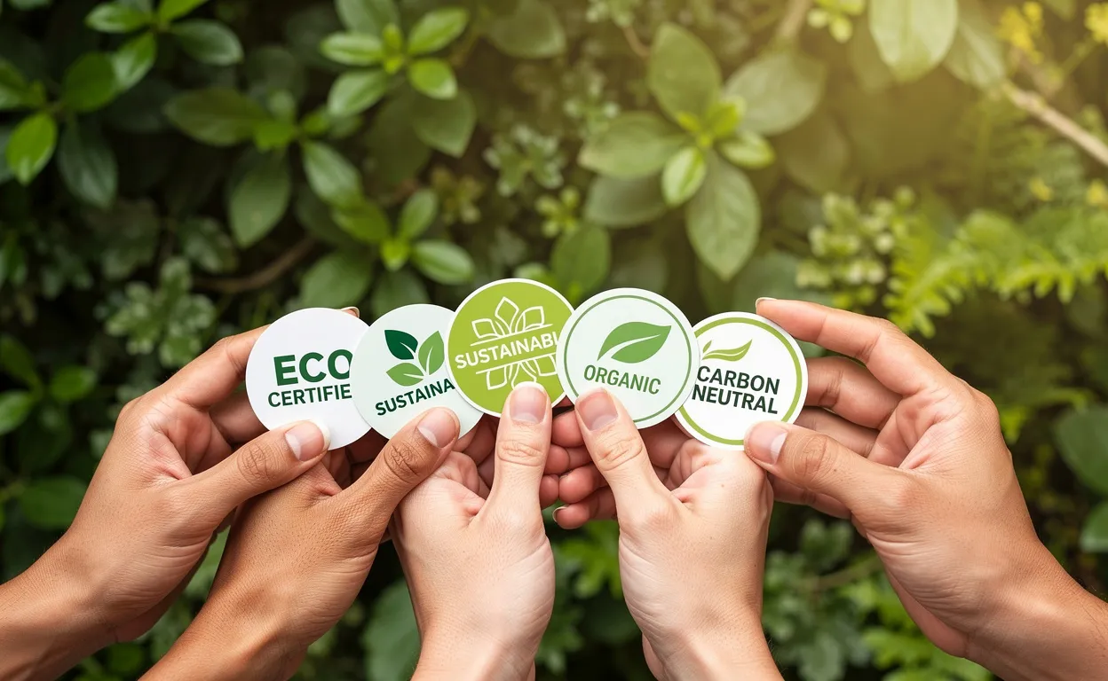 Des mains tiennent des labels de certification écologique devant un fond de feuillage vert.