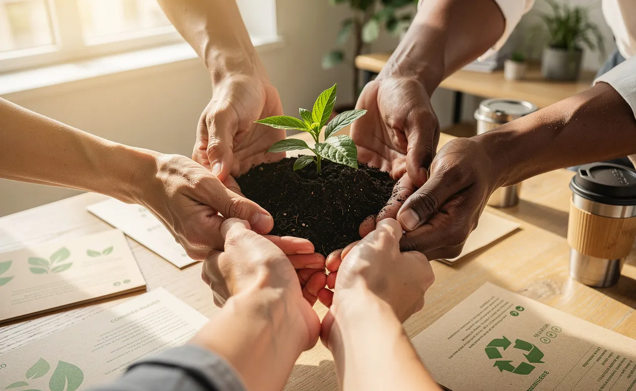 Des mains variées tiennent des jeunes pousses au-dessus d'une table de bureau en bois avec des documents écologiques et des tasses réutilisables sous une lumière naturelle.