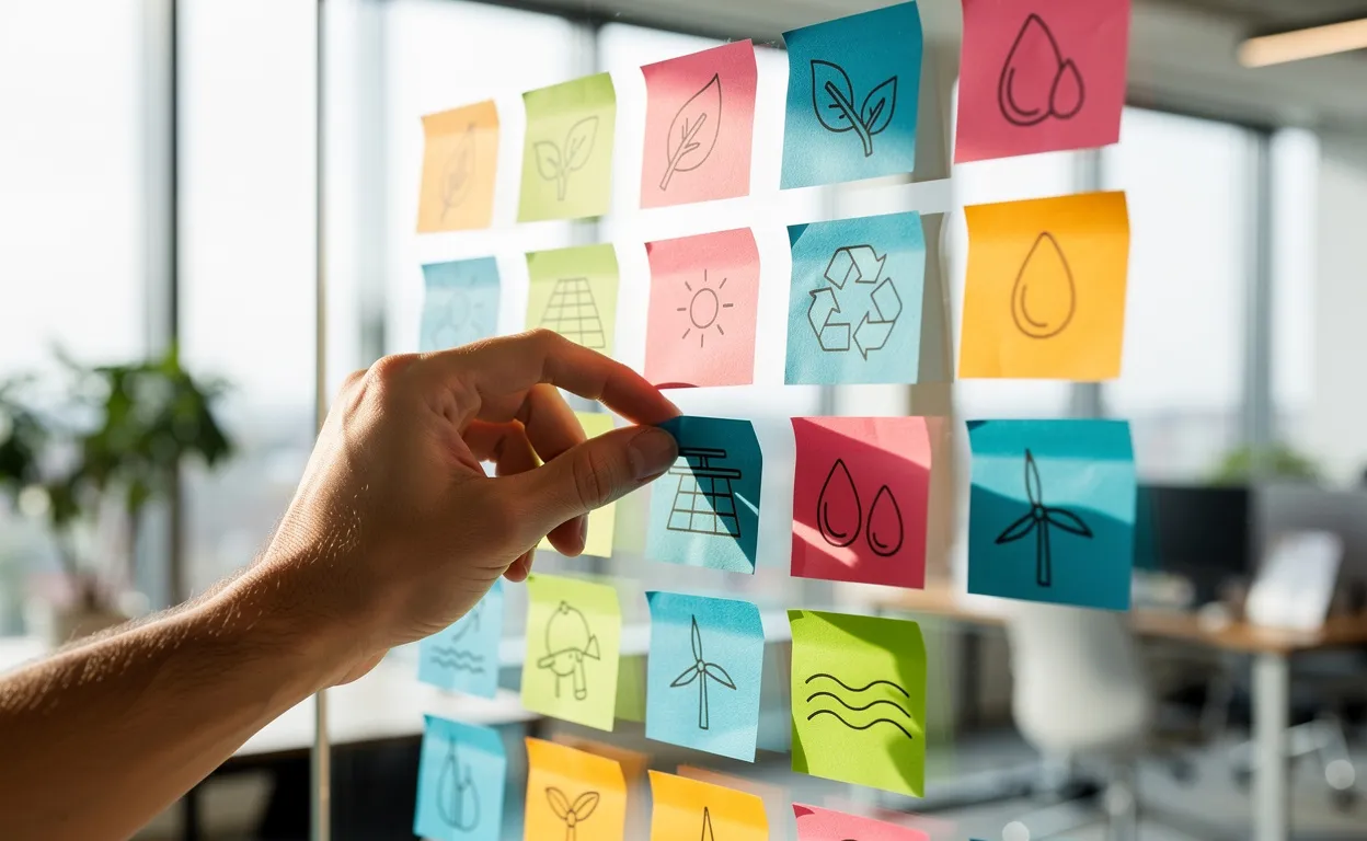 Une main place des notes adhésives colorées ornées d’icônes de durabilité sur une paroi vitrée, dans un bureau baigné de lumière naturelle.
