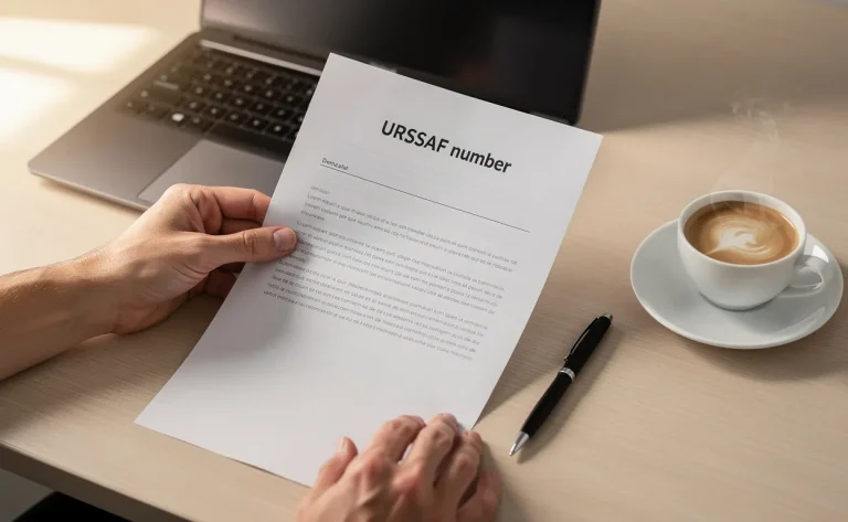 Une main tient un document affichant un numéro URSSAF sur un bureau ordonné avec un ordinateur portable et une tasse de café.
