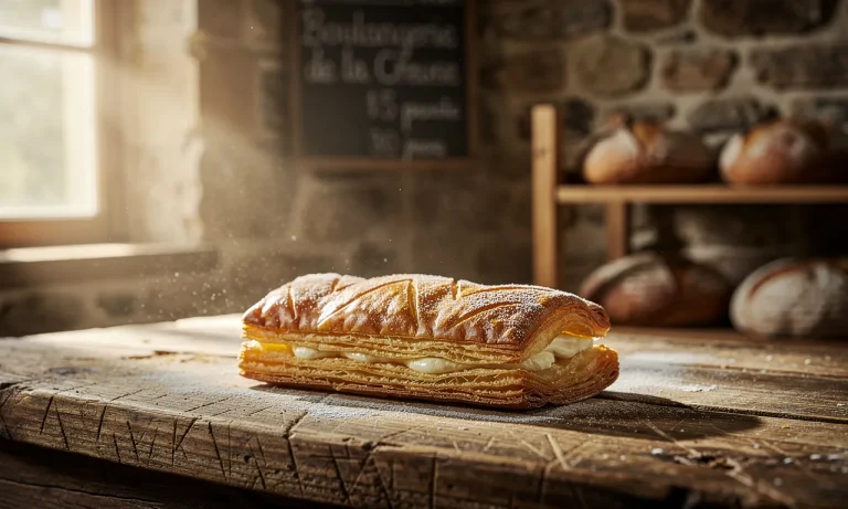 Un Comte de la Marche posé sur une table en bois ancien dans une boulangerie rustique de la Creuse, éclairé par la lumière du matin.