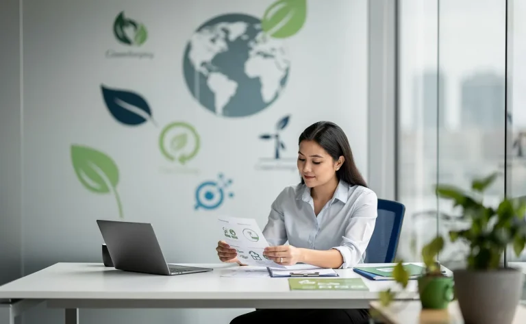 Un professionnel assis à un bureau moderne examine des documents devant des symboles écologiques, avec des touches de vert et de bleu sous une lumière naturelle.