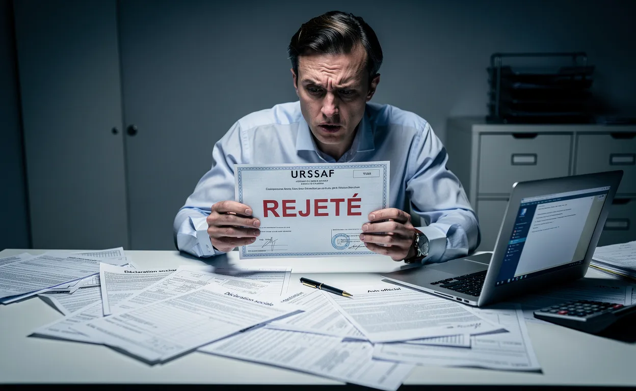 Un entrepreneur préoccupé est assis à son bureau, tenant un certificat Urssaf refusé parmi des papiers administratifs sous une lumière froide.