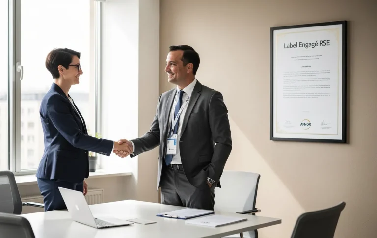 Un professionnel serre la main à un auditeur AFNOR dans un bureau moderne avec un certificat "Label Engagé RSE" encadré au mur.