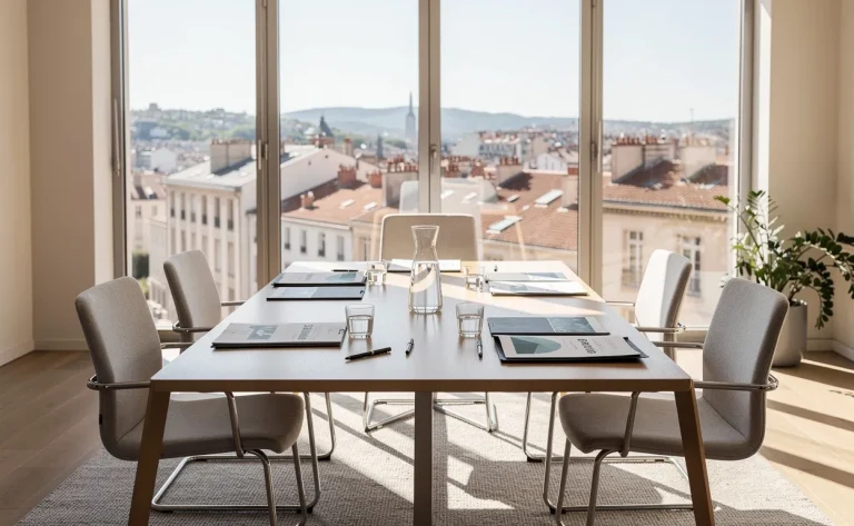 Salle de réunion moderne et lumineuse avec cinq chaises autour d’une table sur laquelle reposent des documents sur la durabilité et la stratégie, vue sur le paysage urbain de Lyon.