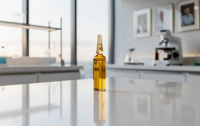 Un flacon en verre de sérum doré repose sur une table blanche dans un laboratoire moderne et lumineux.