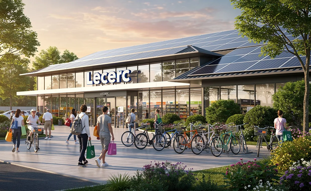 Un supermarché Leclerc moderne entouré de verdure et de panneaux solaires, avec des clients utilisant des sacs réutilisables et des vélos garés à l’entrée sous une lumière dorée.