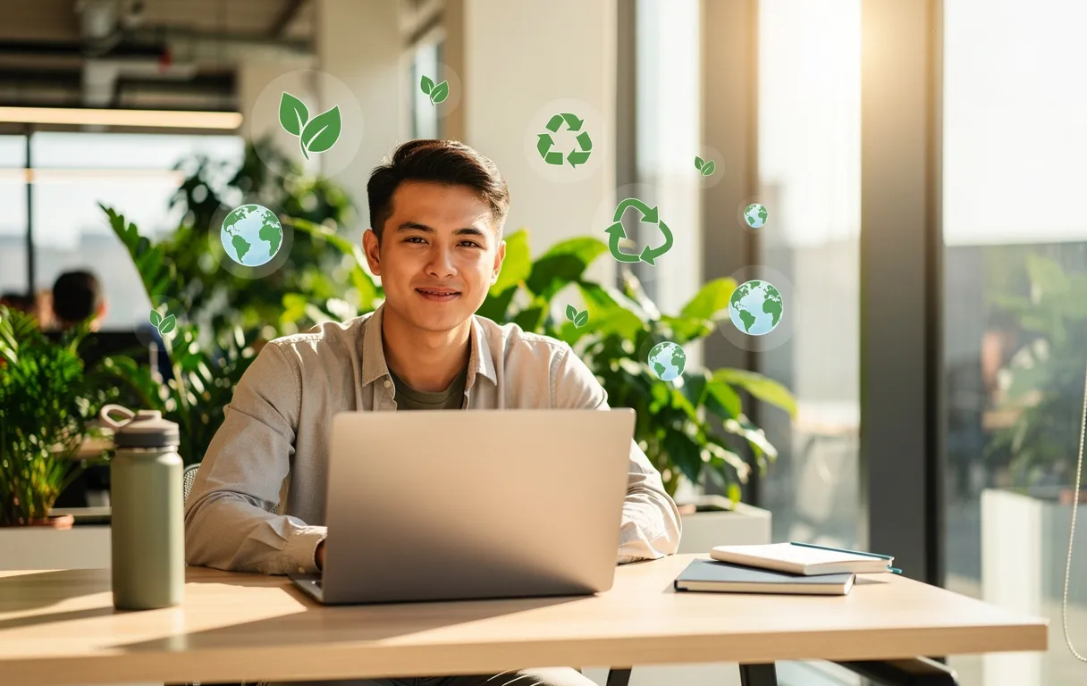 Un jeune professionnel travaille sur un ordinateur portable entouré de plantes vertes et d’icônes écologiques dans un bureau lumineux.