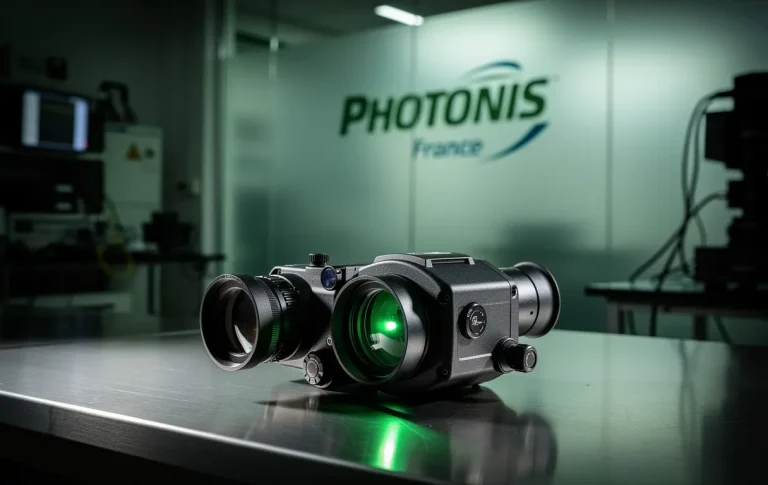 Un dispositif de vision nocturne posé sur une table en métal éclaire doucement le logo Photonis France dans un laboratoire peu éclairé.