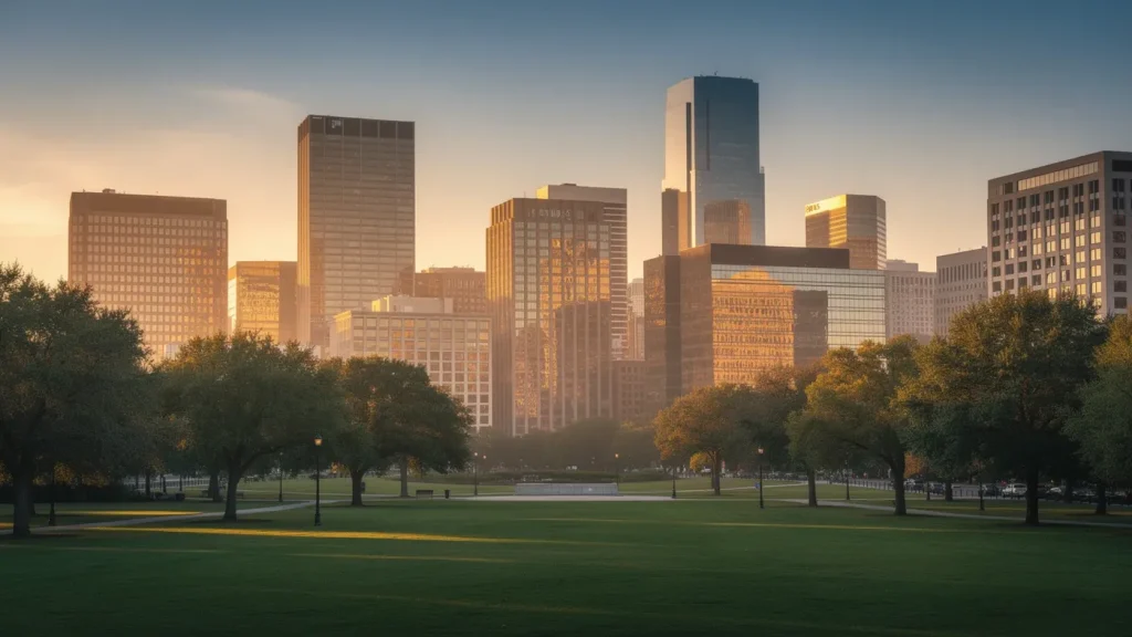 Skyline moderne au coucher du soleil avec parc verdoyant en premier plan