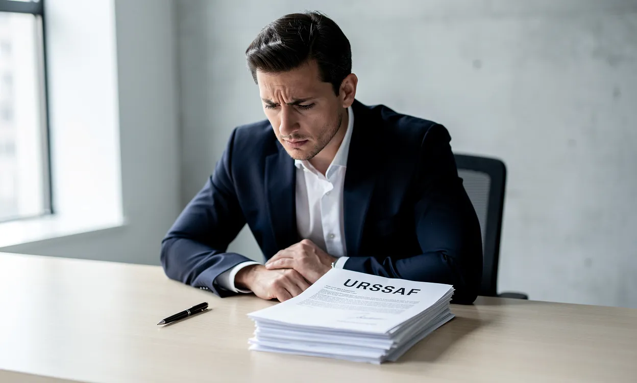 Un professionnel en costume est assis seul à un bureau face à une pile de lettres officielles marquées URSSAF, dans un bureau lumineux et épuré.