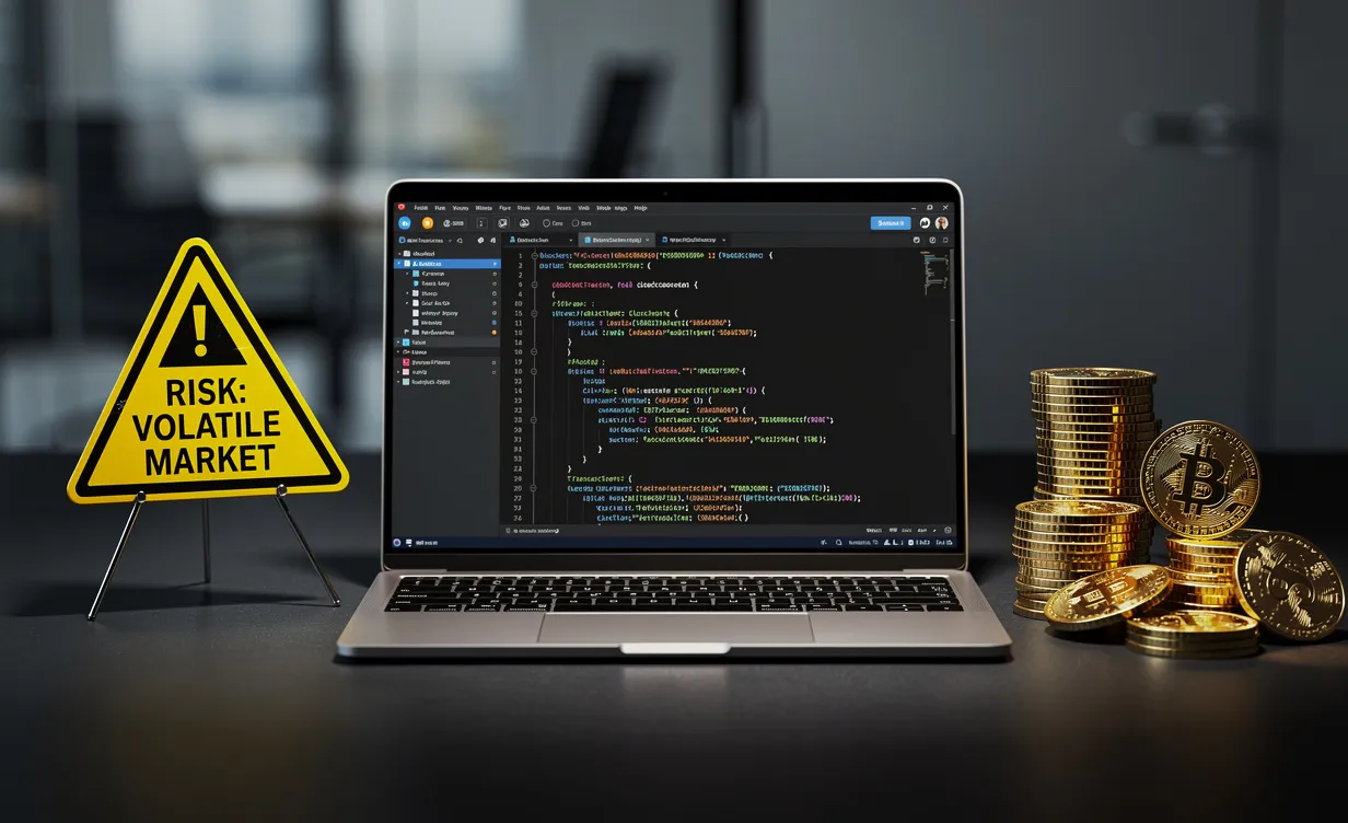 Un ordinateur portable affiche du code blockchain à côté de piles de pièces d’or et d’un panneau d’avertissement sur un bureau moderne, éclairé de façon contrastée.