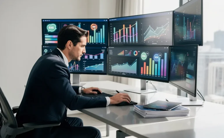 Un professionnel examine des graphiques colorés et des documents numériques sur un bureau moderne, entouré d’icônes ESG et conformité affichées sur plusieurs écrans.