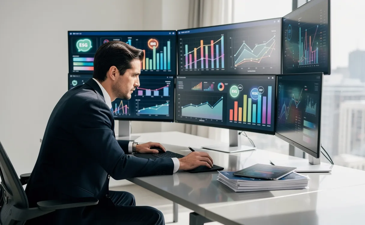 Un professionnel examine des graphiques colorés et des documents numériques sur un bureau moderne, entouré d’icônes ESG et conformité affichées sur plusieurs écrans.