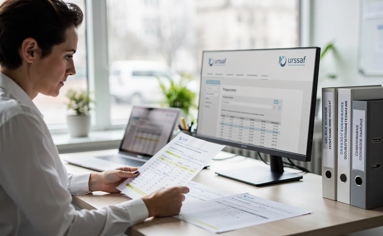 Un professionnel examine des documents financiers sur un bureau moderne avec le logo Urssaf affiché à l’écran, des livres de formation posés à côté et la lumière du jour entrant par la fenêtre.