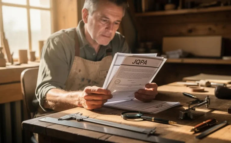 Un artisan examine minutieusement des documents officiels JQPA sur un établi, entouré d’outils et baigné par la lumière naturelle d’une fenêtre d’atelier.
