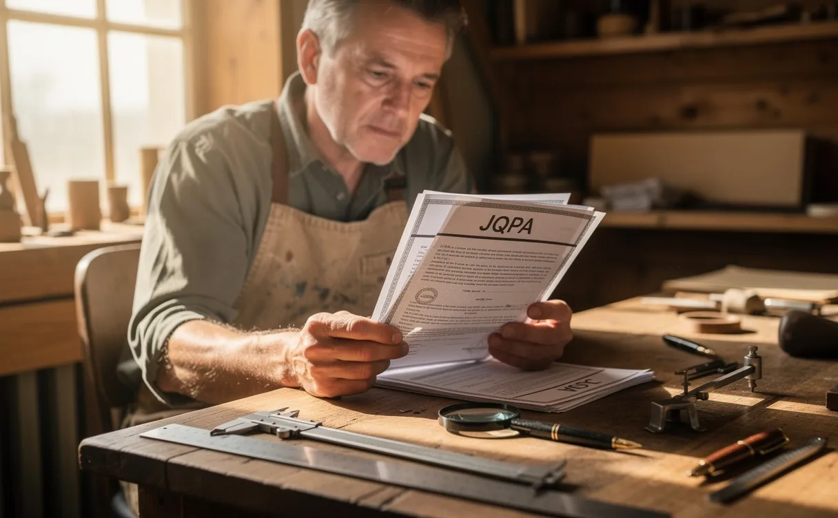 Un artisan examine minutieusement des documents officiels JQPA sur un établi, entouré d’outils et baigné par la lumière naturelle d’une fenêtre d’atelier.
