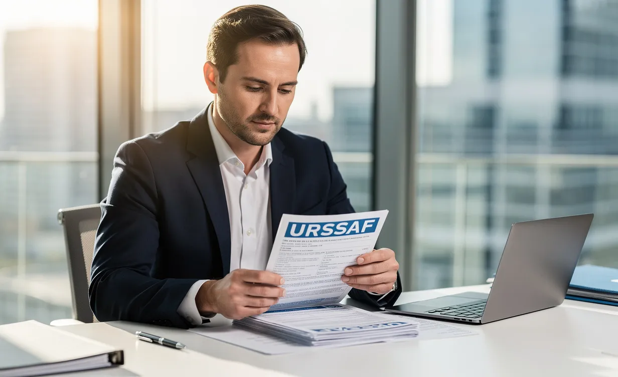 Un avocat examine des documents portant le logo de l'URSSAF dans un bureau moderne baigné de lumière.