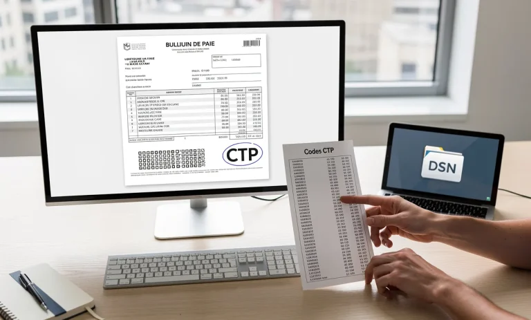 Un bureau ordonné avec une fiche de paie française affichant des codes CTP à l’écran, une main pointant vers une liste de codes près d’un fichier DSN numérique et une fenêtre laissant passer une lumière douce.
