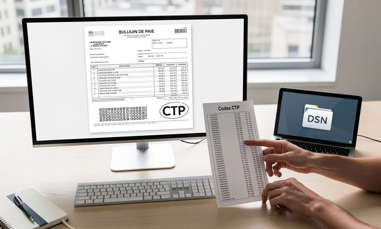 Un bureau ordonné avec une fiche de paie française affichant des codes CTP à l’écran, une main pointant vers une liste de codes près d’un fichier DSN numérique et une fenêtre laissant passer une lumière douce.
