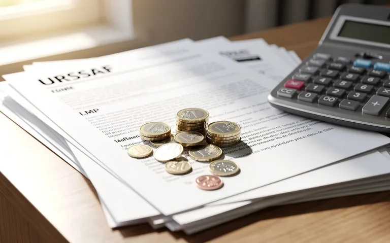 Bureau d’un comptable français avec des documents Urssaf et LMP, une calculatrice et des pièces d’euro sur des papiers, éclairé par la lumière du jour.