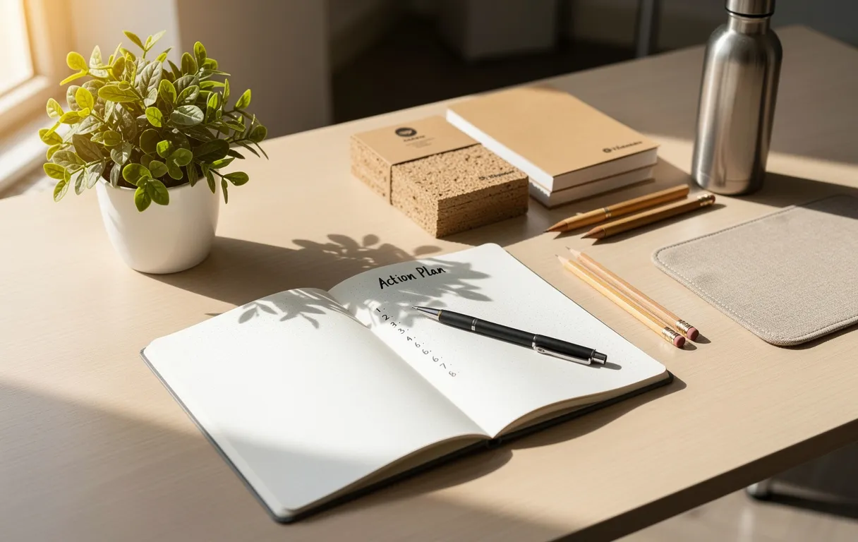 Bureau d'affaires avec carnet d'action bien rangé, petite plante verte et fournitures écologiques sous une lumière douce.
