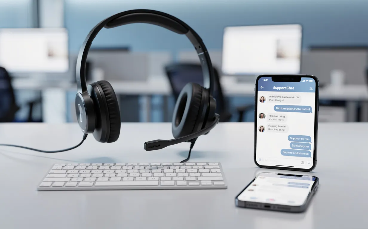Un bureau de support client moderne avec un casque posé sur un clavier et un smartphone affichant une application de messagerie sous un éclairage doux.