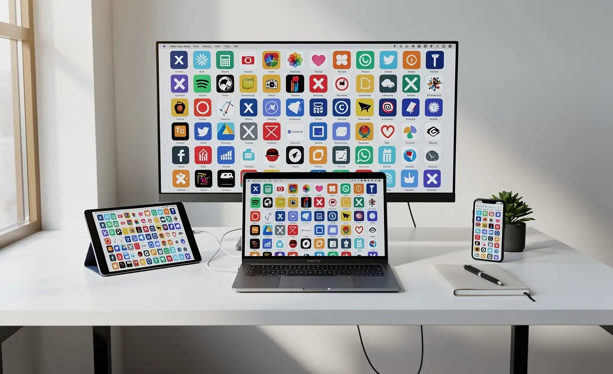 Un bureau moderne avec plusieurs écrans affichant des icônes d’applications alternatives à X, éclairés par la lumière du jour.