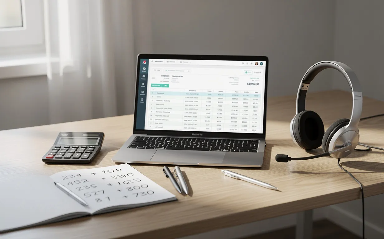 Bureau ordonné avec un ordinateur portable affichant des feuilles de calcul et des factures, un casque, une calculatrice et un carnet de notes manuscrites sous une lumière douce.