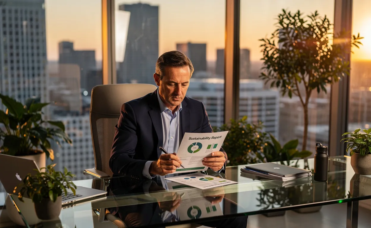 Un cadre d’entreprise examine un rapport sur la durabilité à son bureau moderne, entouré de plantes et baigné de lumière naturelle.