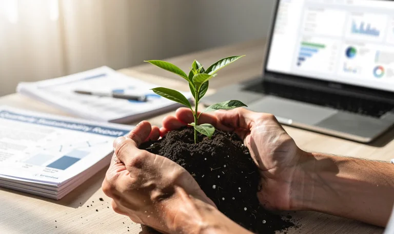 Des mains tiennent une jeune pousse verte dans de la terre, posée sur un bureau avec des documents d’entreprise et un ordinateur portable allumé en arrière-plan.