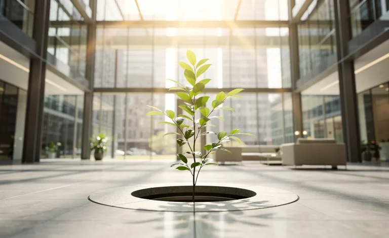 Un jeune plant vert pousse au centre d’un immeuble de bureaux vitré sous une lumière douce.