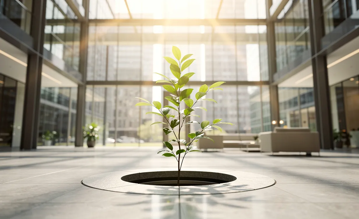 Un jeune plant vert pousse au centre d’un immeuble de bureaux vitré sous une lumière douce.