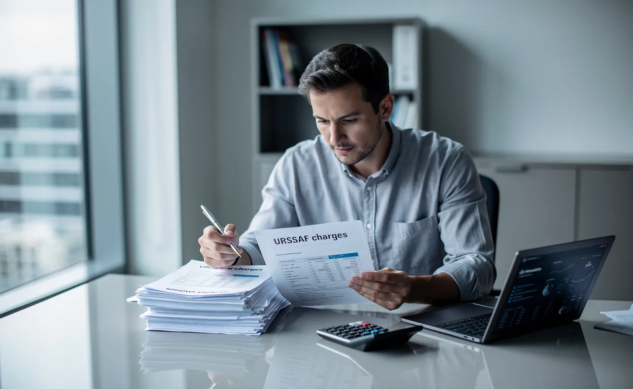 Un entrepreneur consulte des documents financiers marqués "Urssaf charges" sur un bureau ordonné, avec un ordinateur portable, une calculatrice et la lumière du jour entrant par la fenêtre d’un bureau moderne.