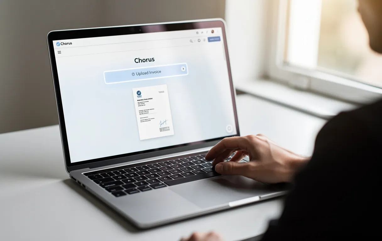 Une main charge rapidement une facture sur la plateforme Chorus depuis un ordinateur portable, avec une interface numérique visible à l’écran et une lumière de jour douce en arrière-plan.