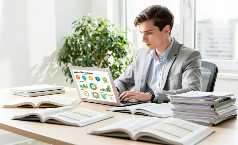 Un jeune professionnel assis à un bureau travaille sur un ordinateur portable affichant des graphiques de durabilité, entouré de livres ouverts et d'une plante verte en arrière-plan.