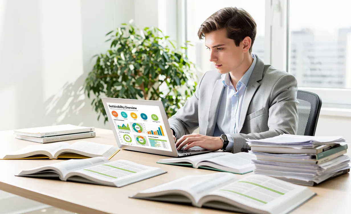 Un jeune professionnel assis à un bureau travaille sur un ordinateur portable affichant des graphiques de durabilité, entouré de livres ouverts et d'une plante verte en arrière-plan.