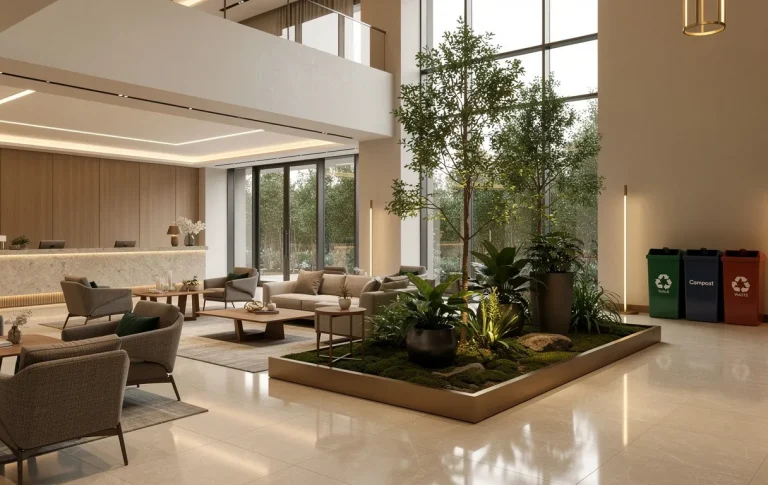 Un élégant hall d’hôtel avec un petit jardin intérieur, des bacs de recyclage discrets et un éclairage économique créant une ambiance chaleureuse.