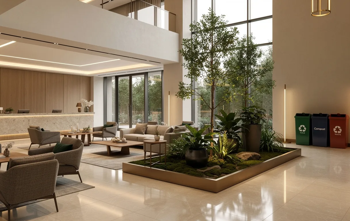 Un élégant hall d’hôtel avec un petit jardin intérieur, des bacs de recyclage discrets et un éclairage économique créant une ambiance chaleureuse.