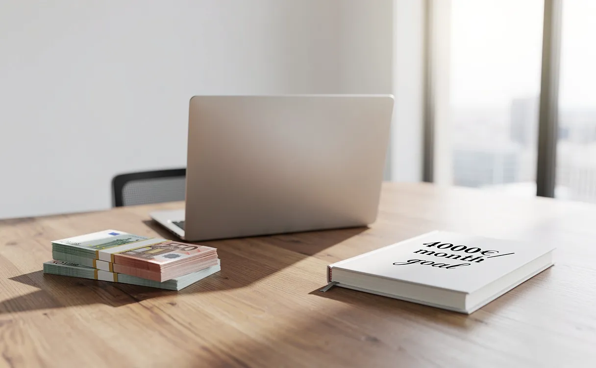 Bureau moderne avec un ordinateur portable fermé, une liasse de billets en euros et un carnet indiquant "objectif 4000€/mois", éclairé par la lumière du jour.