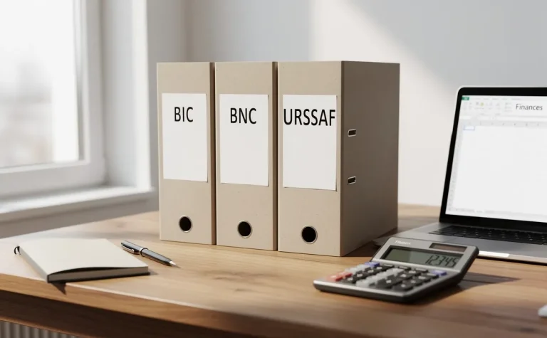 Un bureau en bois bien rangé présente trois dossiers étiquetés BIC, BNC et URSSAF à côté d’un ordinateur portable et d’une calculatrice, sous une lumière naturelle douce.