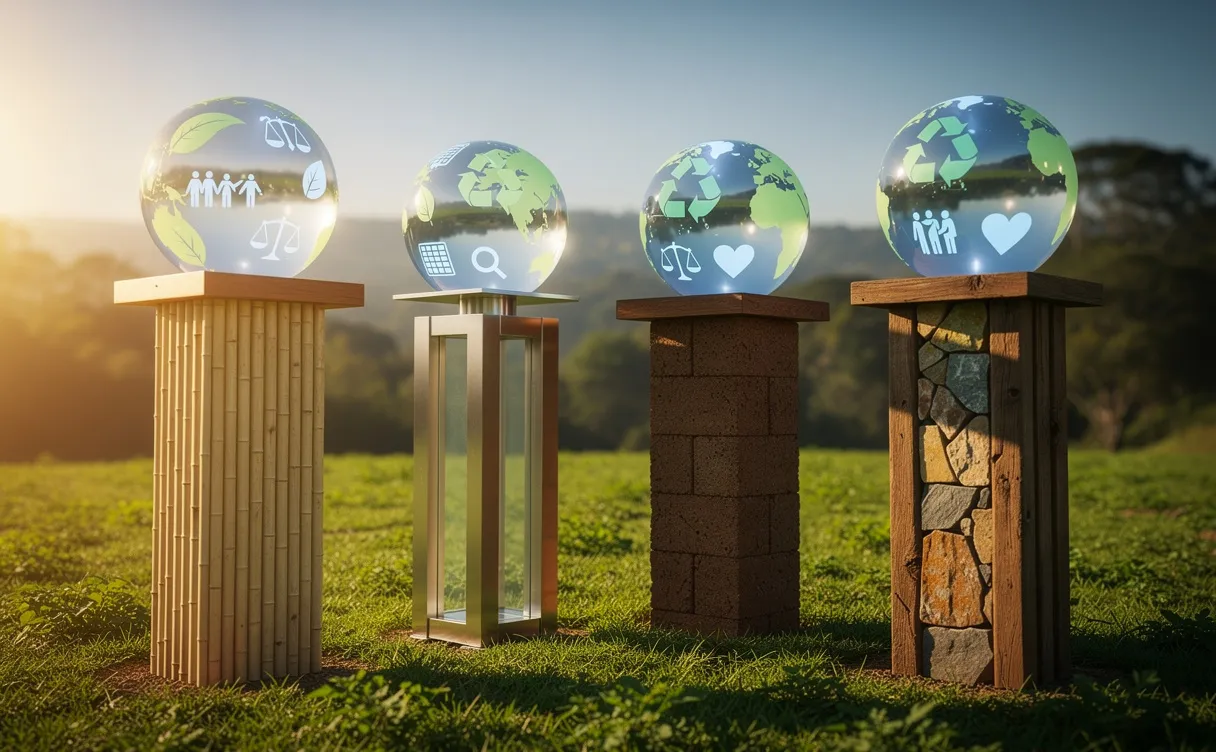 Quatre piliers robustes en matériaux durables soutiennent des globes ornés de symboles écologiques, sociaux et éthiques sur une terre verdoyante sous une lumière dorée.
