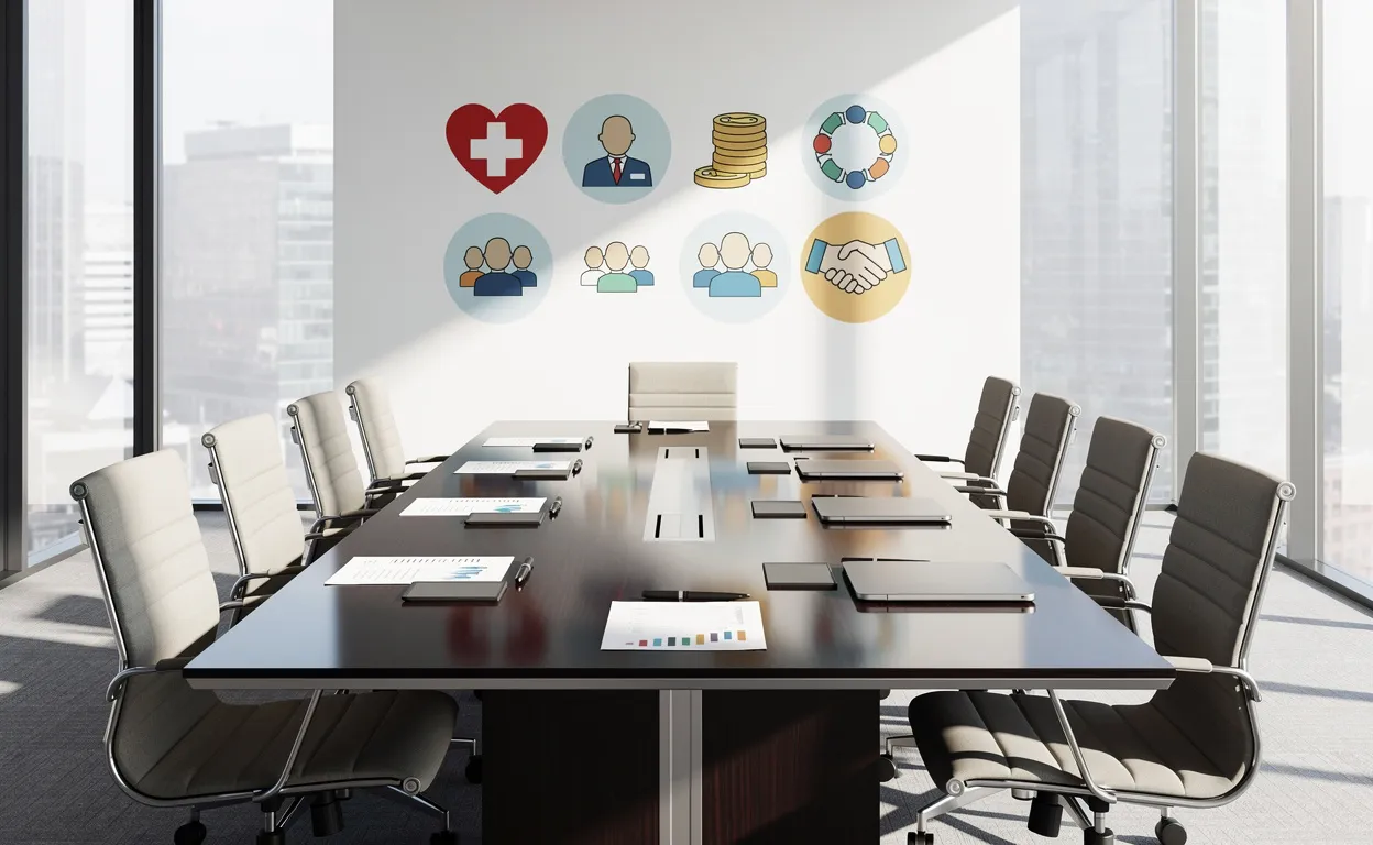 Salle de réunion moderne avec table de conférence, documents alignés et icônes symbolisant les avantages employés et la collaboration, éclairée par la lumière du jour.