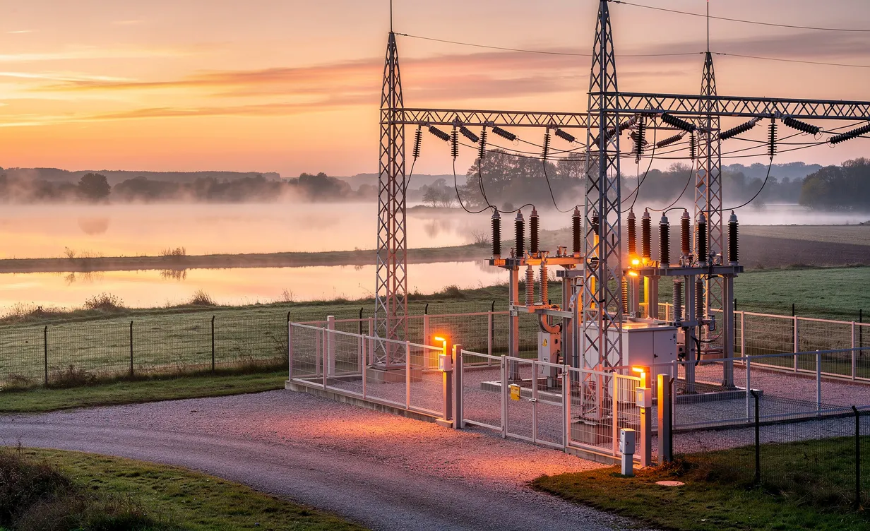 Un poste électrique rural illuminé au crépuscule près d’Ambérieux-en-Dombes éclaire des paysages calmes de lacs brumeux et de champs lointains.